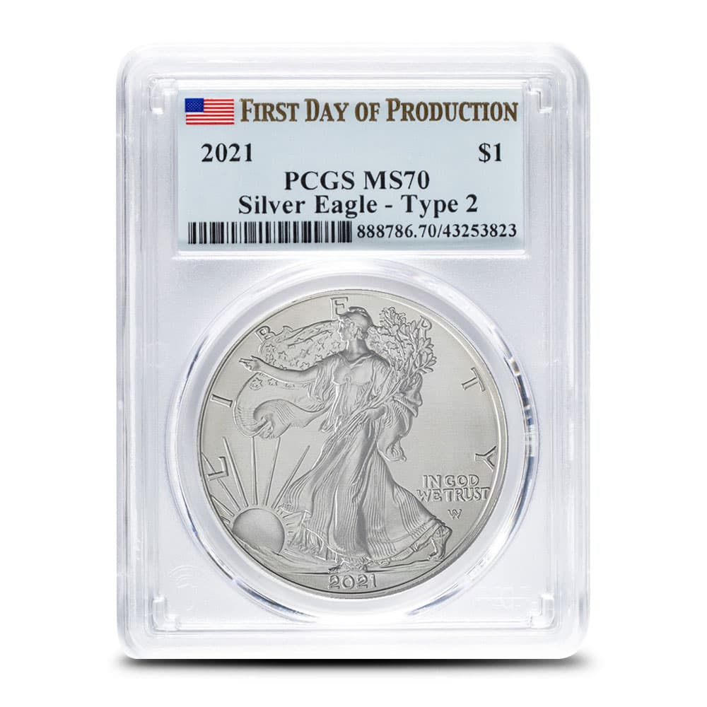 2021 1 oz American Silver Eagle Coin PCGS MS70 (Type 2, First Day of Production)