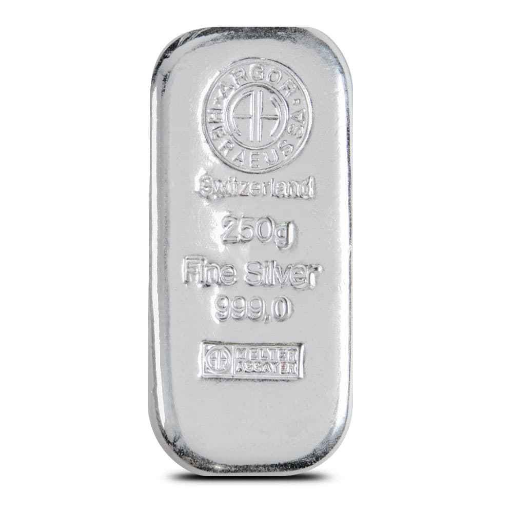 250 Gram Argor Heraeus Cast Silver Bar (New)