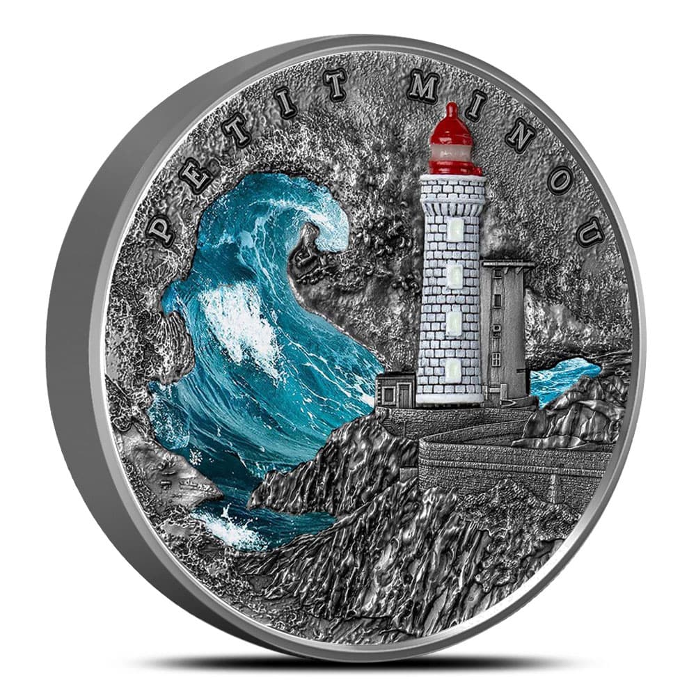 2022 2 oz Antique Colorized Niue Silver Lighthouse Petit Minou Coin