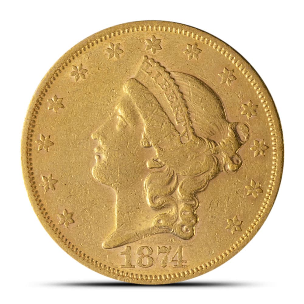 Pre-33 $20 Liberty Gold Double Eagle Coin (Type 2, 1866-1876, AU)