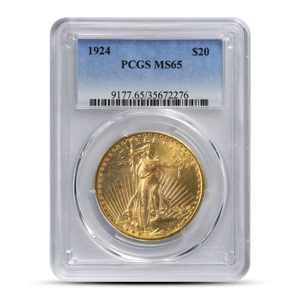 1924 $20 Saint Gaudens Gold Double Eagle Coin PCGS MS65