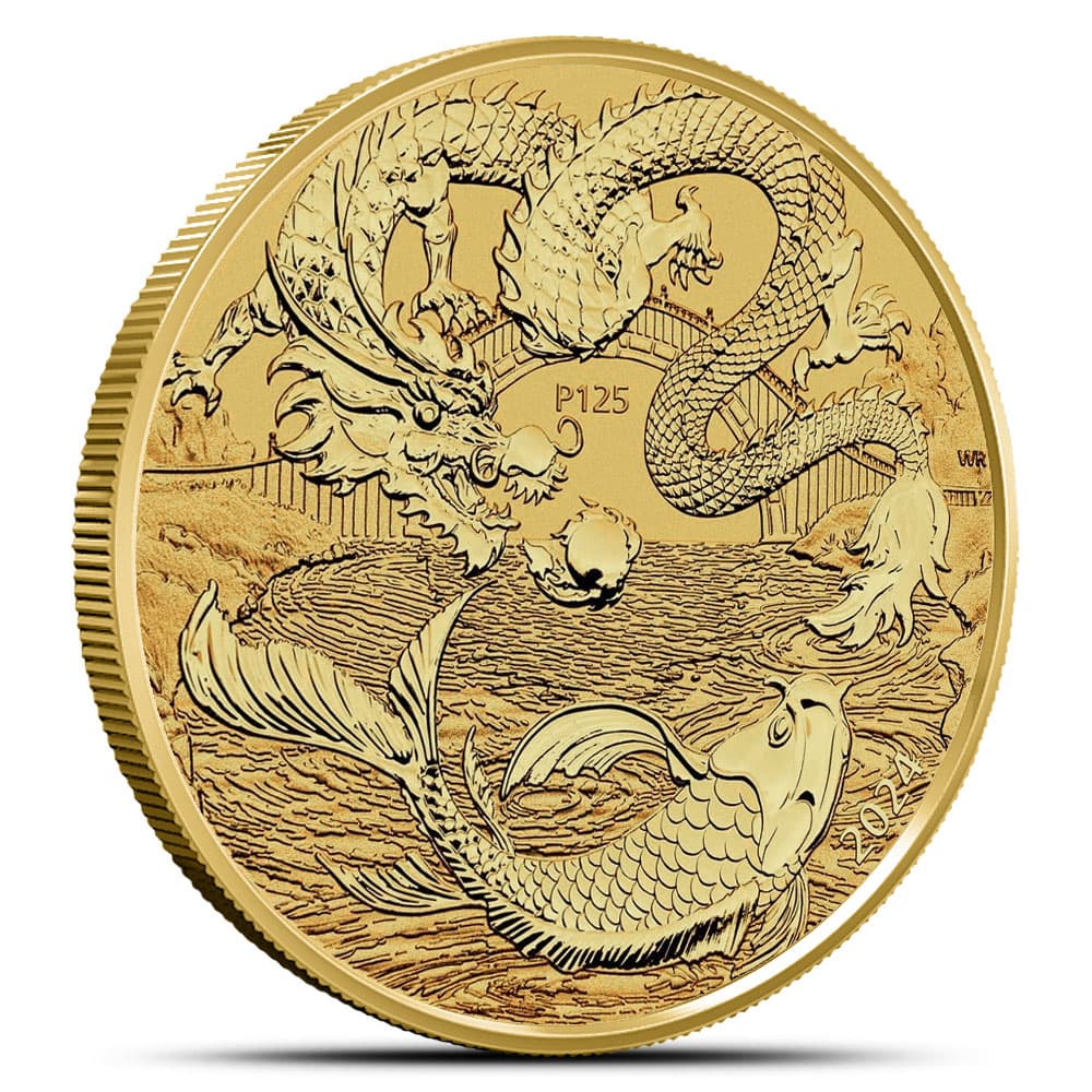 2024 1 oz Australian Gold Chinese Myths & Legends Dragon and Koi Coin (BU)