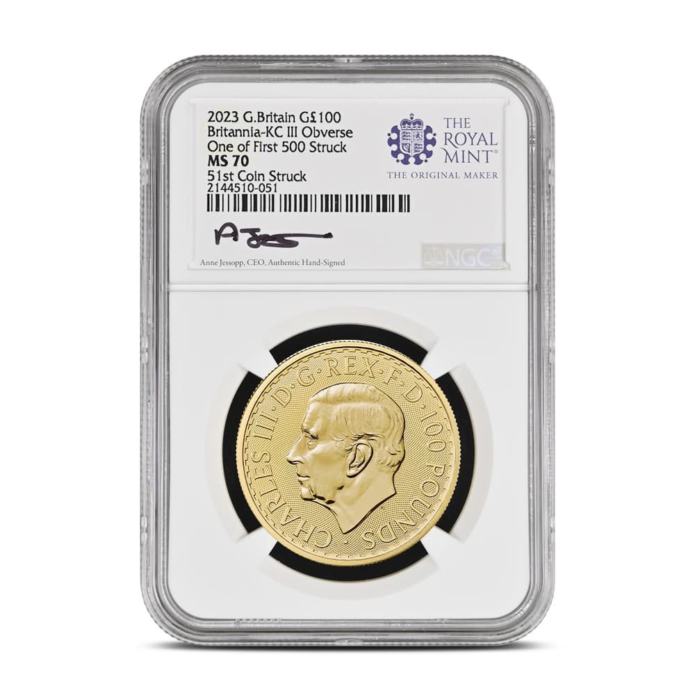 2023 1 oz British Gold Britannia Coin NGC MS70 (First 500 Struck, King Charles Obverse)