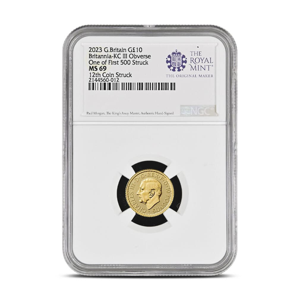 2023 British Britannia 1/10 oz Gold Coin NGC MS69 First 500 Struck, King Charles Obverse