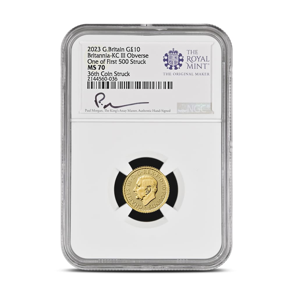 2023 1/10 oz British Gold Britannia Coin NGC MS70 (First 500 Struck, King Charles Obverse)