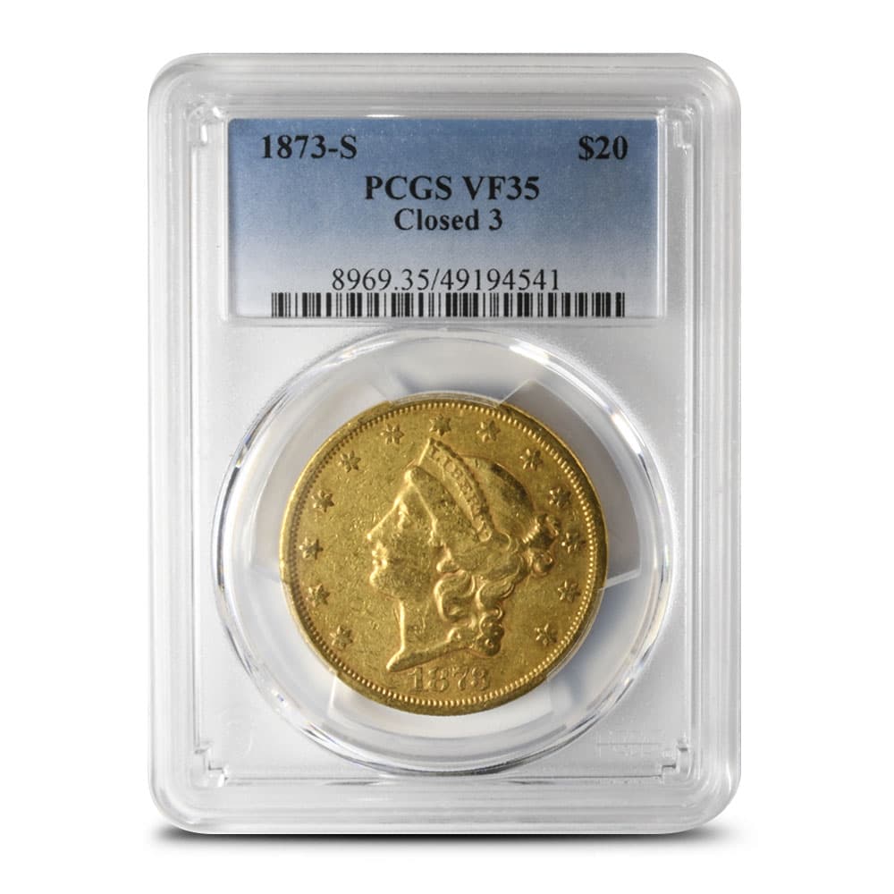 1873-S Pre-33 $20 Liberty Gold Double Eagle Coin Closed 3 PCGS VF35