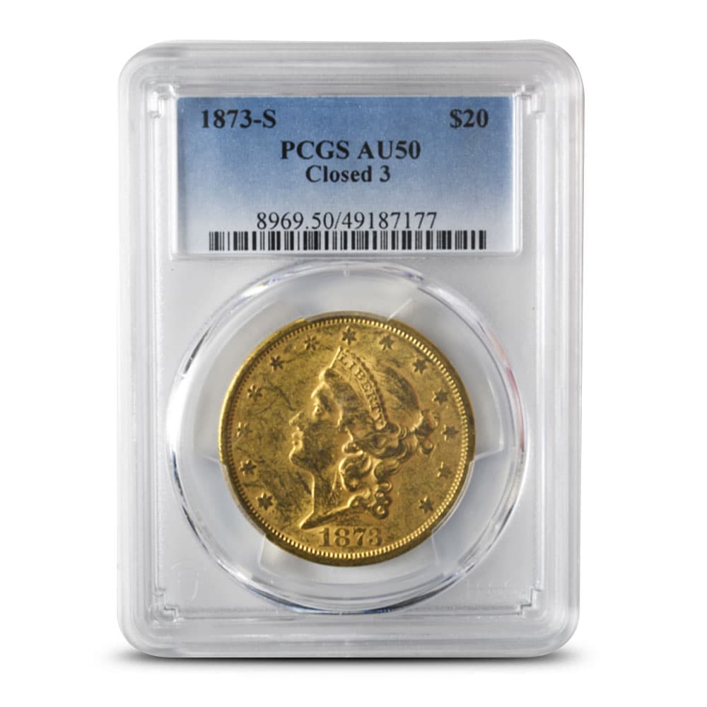 1873-S Pre-33 $20 Liberty Gold Double Eagle Coin Closed 3 PCGS AU50