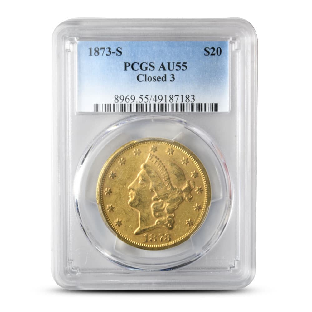 1873-S Pre-33 $20 Liberty Gold Double Eagle Coin Closed 3 PCGS AU55