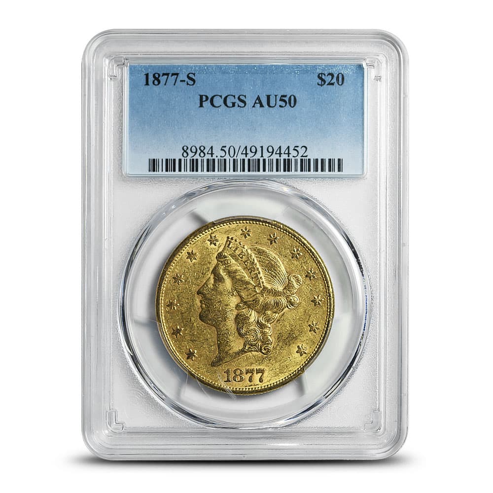 1877-S Pre-33 $20 Liberty Gold Double Eagle Coin PCGS AU50