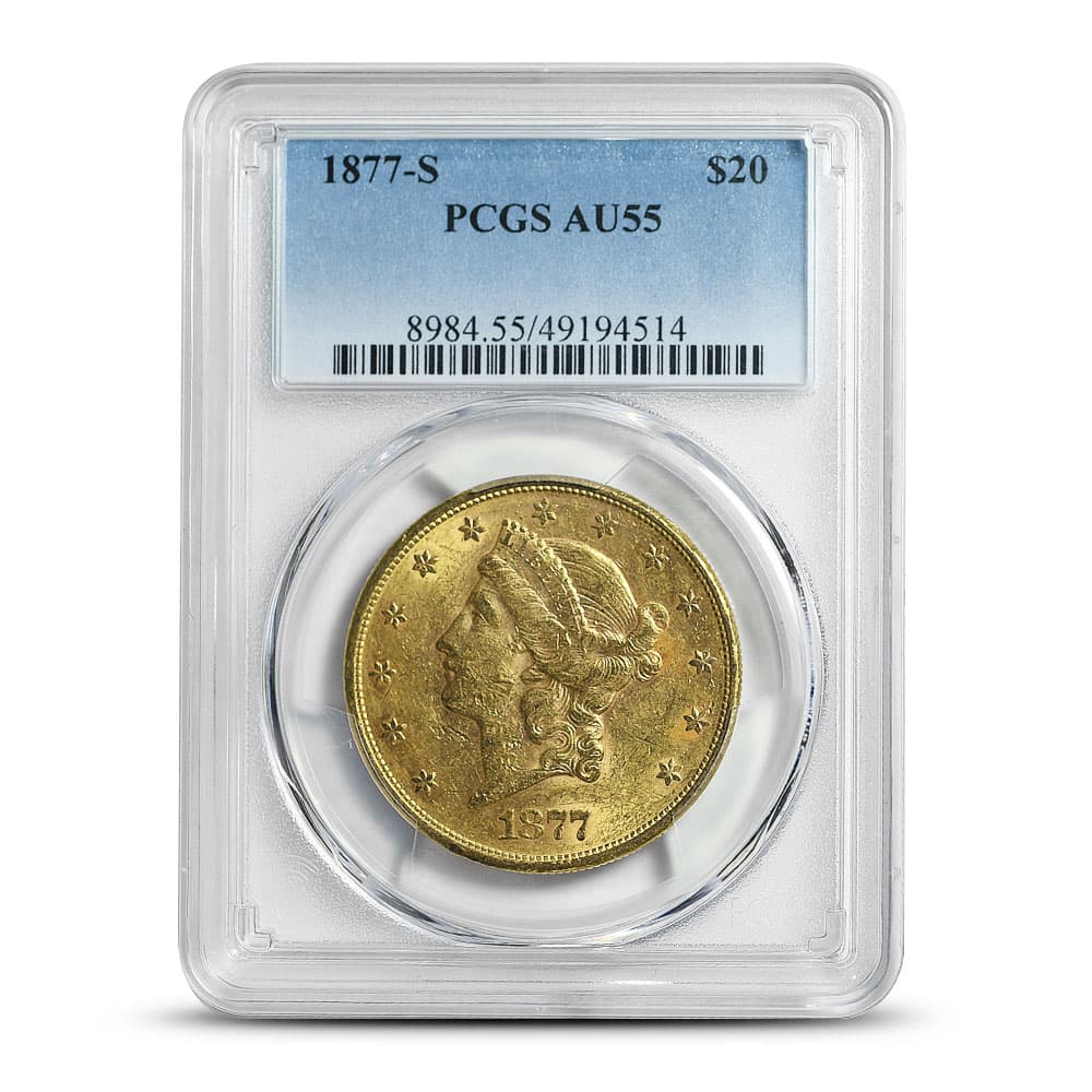 1877-S Pre-33 $20 Liberty Gold Double Eagle Coin PCGS AU55