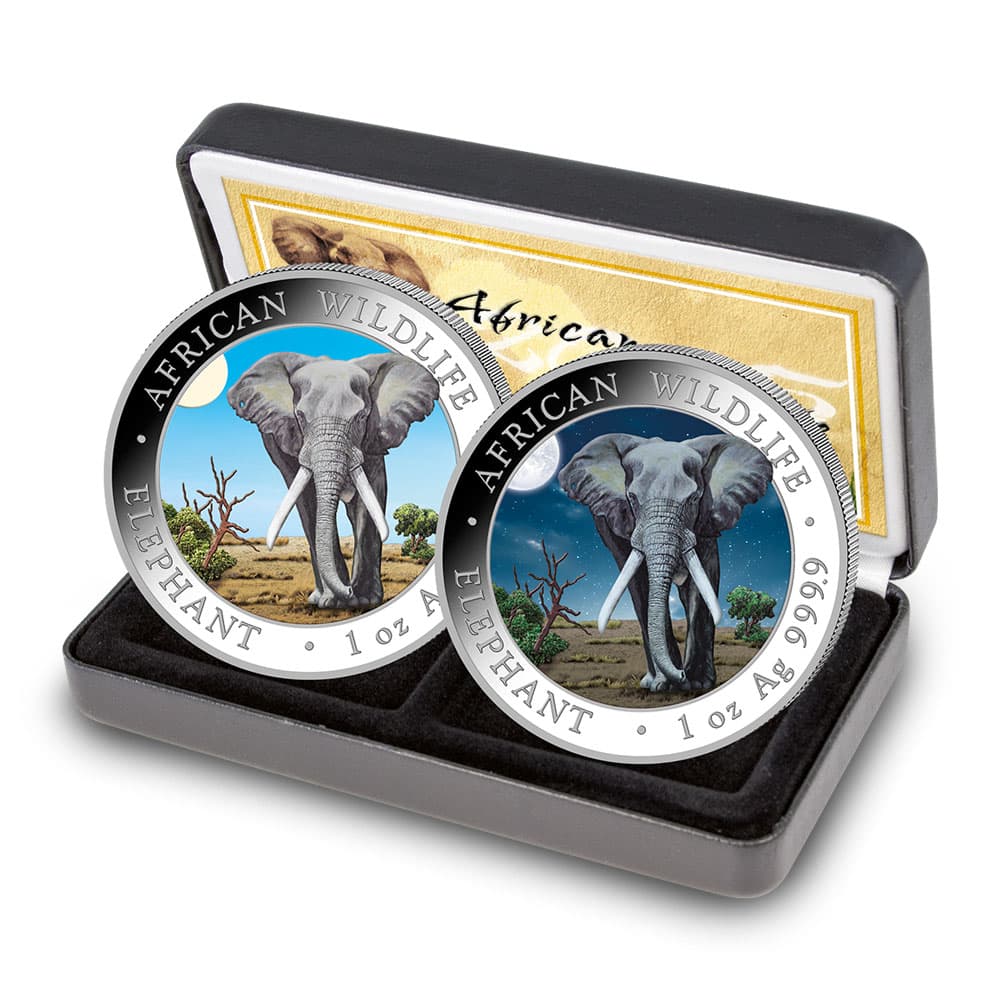 2025 1 oz Somalia Silver Elephant Day and Night Two-Coin Set (BU, 500 Mintage, Box + CoA)