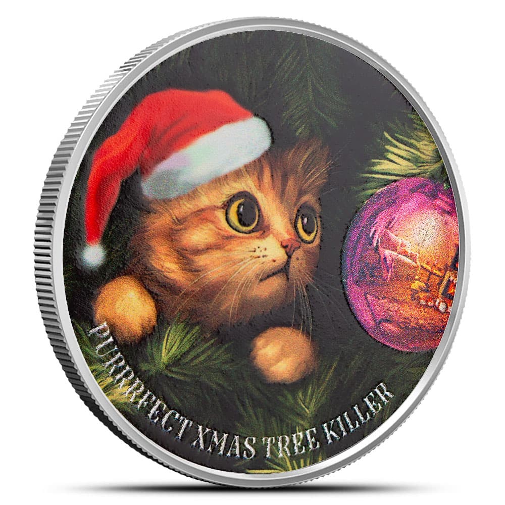 1 oz Colorized Scottsdale Purrfect Xmas Tree Killer Silver Round (New)