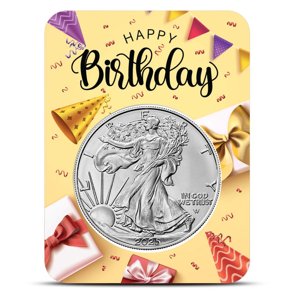 2025 1 oz American Silver Eagle Coin (BU, Yellow Happy Birthday Card) - Jan 21, 2025