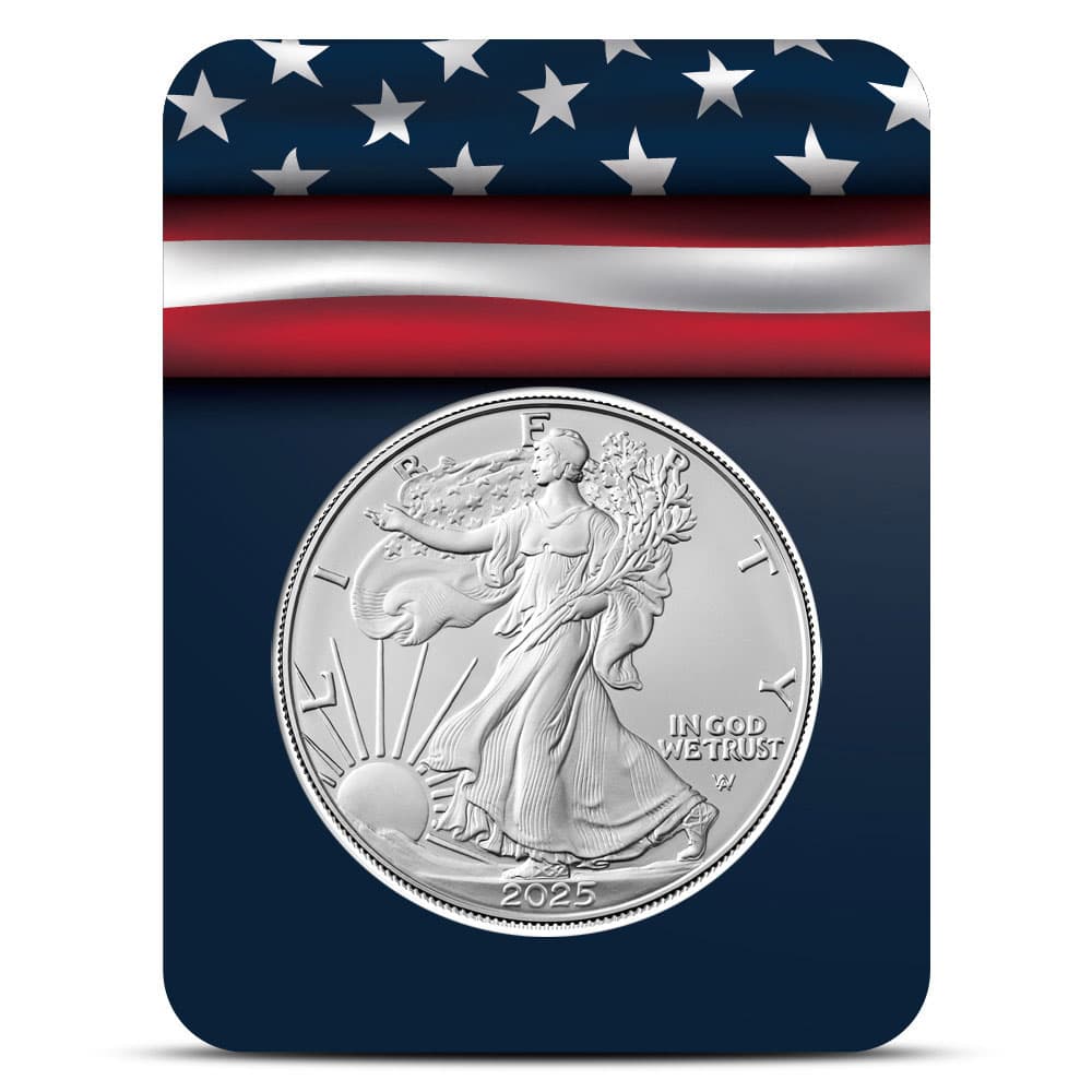 2025 1 oz American Silver Eagle Coin (BU, Blue American Flag Card) - Jan 21, 2025