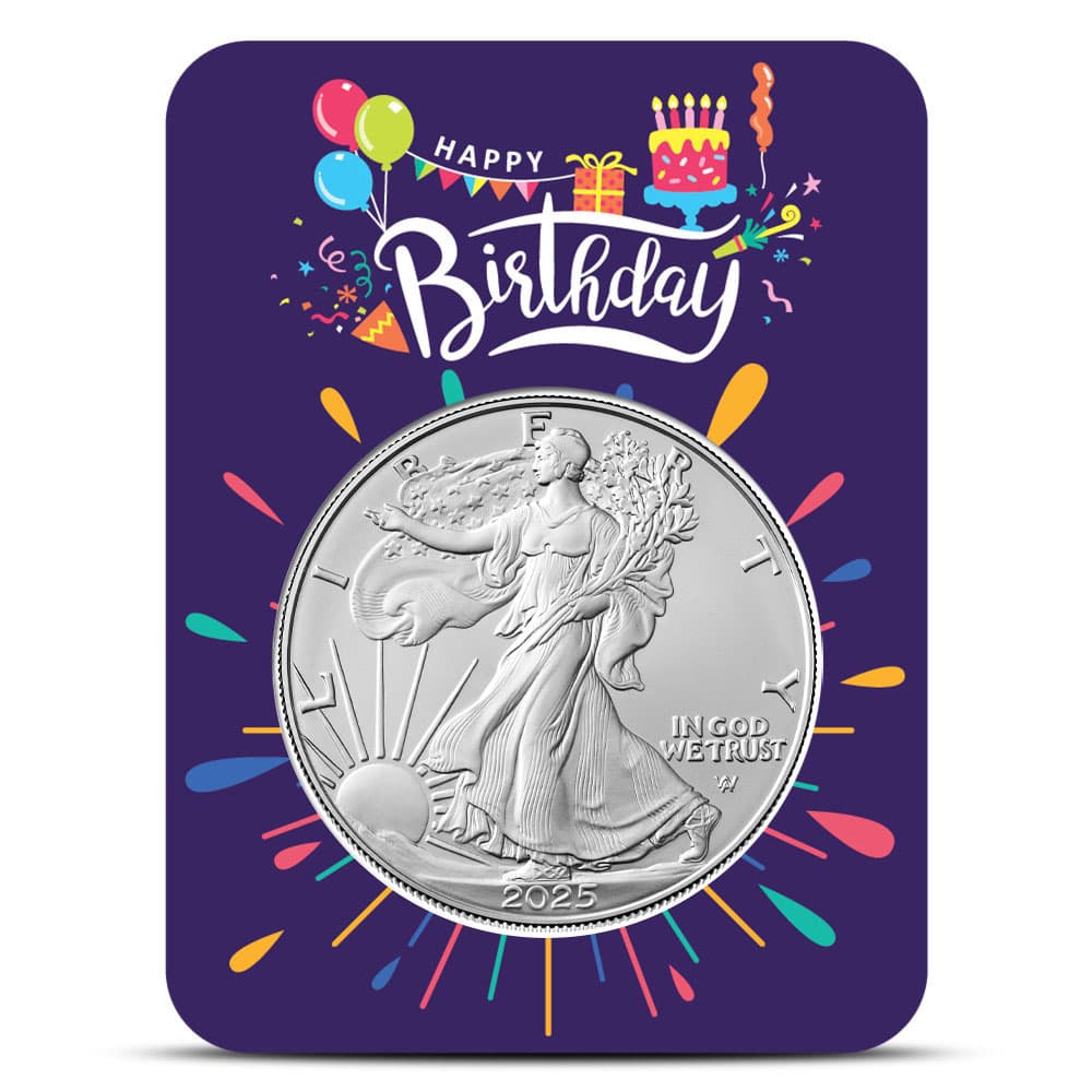 2025 1 oz American Silver Eagle Coin (BU, Purple Happy Birthday Card) - Jan 21, 2025