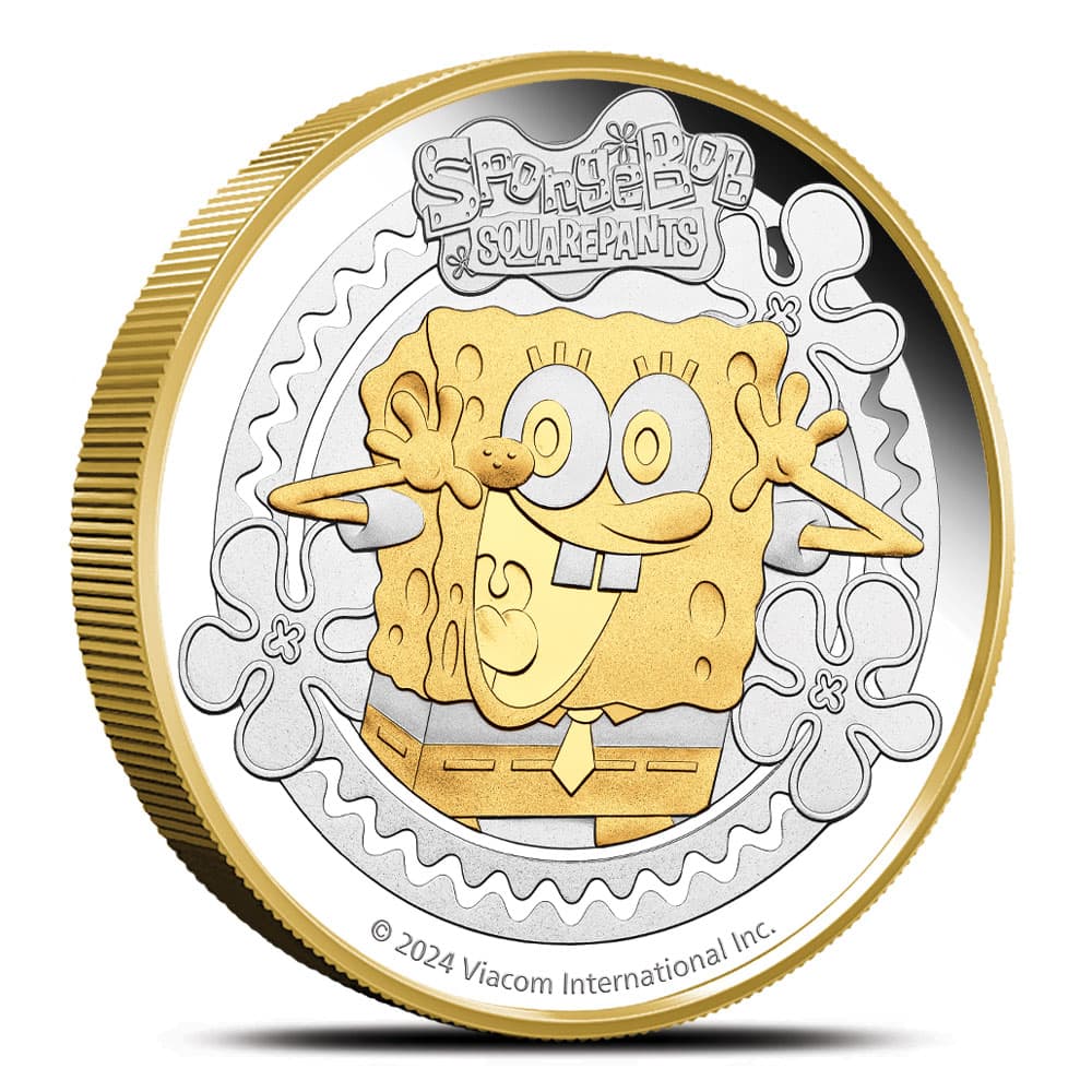 2024 2 oz Proof Tuvalu Silver Spongebob Squarepants Coin (Box + CoA, Gilded)