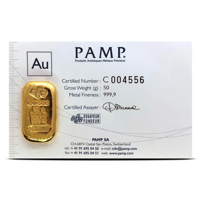 50 Gram PAMP Suisse Gold Bar (New, Cast w/ Assay)