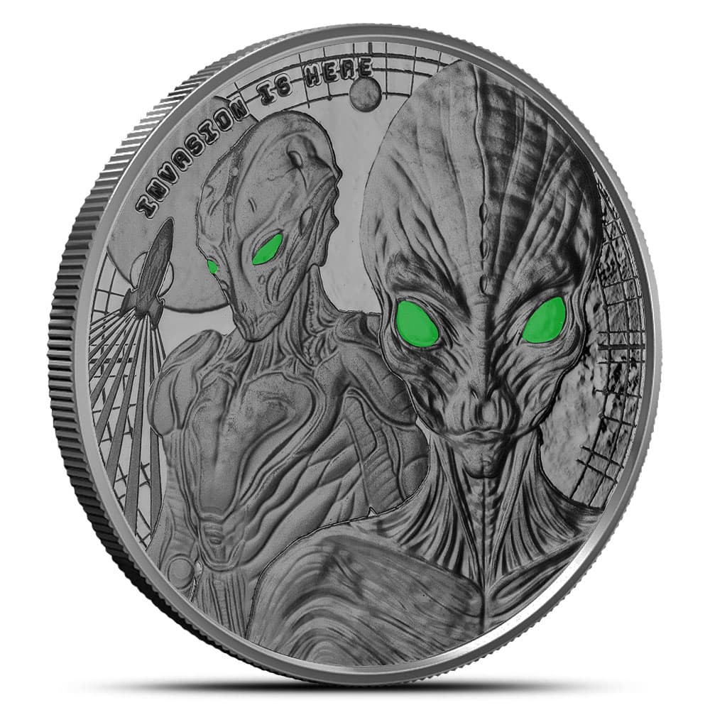 2023 1 oz Proof Colorized Republic of Ghana Silver Alien Coin (Rhodium Plated, Box + CoA)