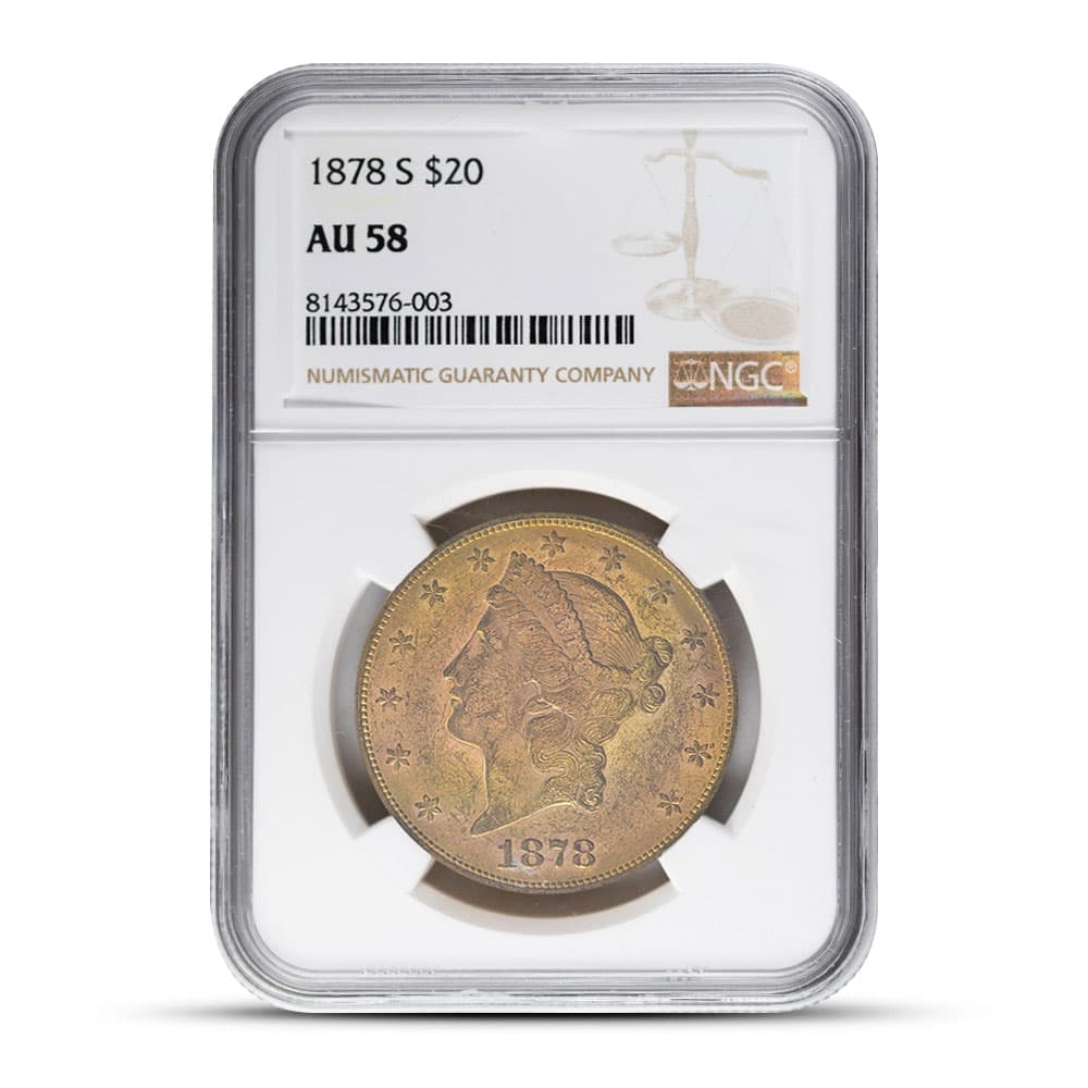 1878-S $20 Pre-33 Liberty Gold Double Eagle Coin NGC AU58