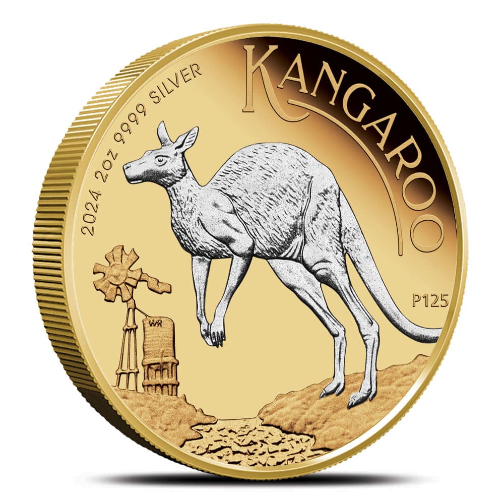 2024 2 oz Proof Australian Silver Kangaroo Coin (Reverse Gilded, Box + CoA)