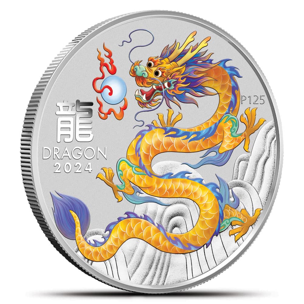 2024 1 oz Colorized Australian Silver Lunar Yellow Dragon Coin (BU)