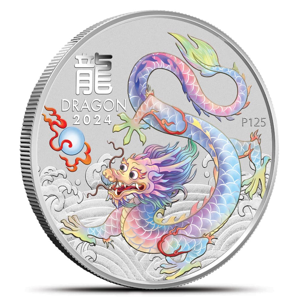 2024 1 oz Colorized Australian Silver Lunar White Dragon Coin (BU)