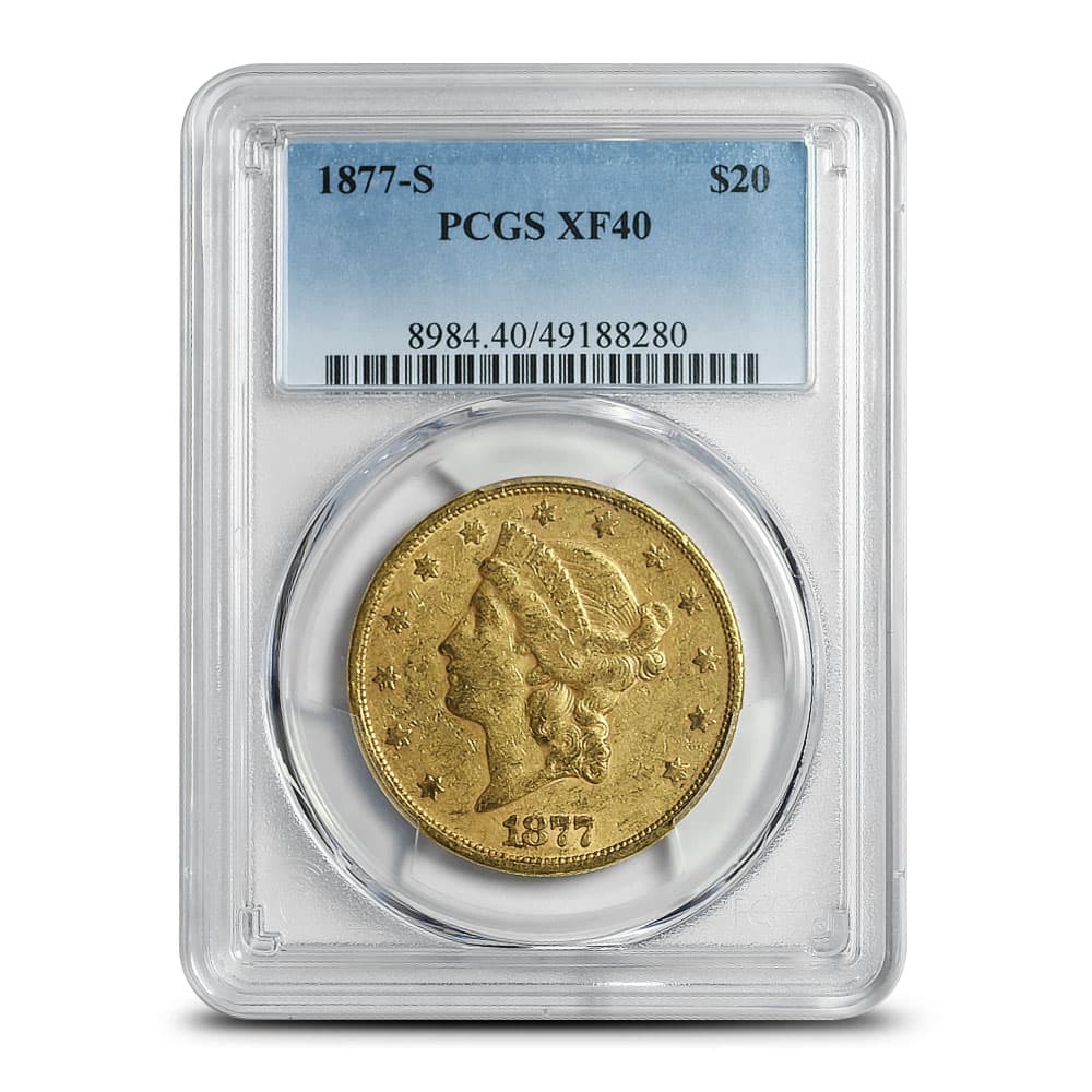 1877-S Pre-33 $20 Liberty Gold Double Eagle Coin PCGS XF40