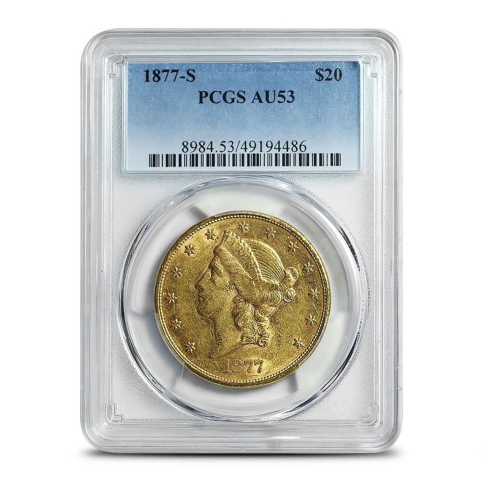 1877-S Pre-33 $20 Liberty Gold Double Eagle Coin PCGS AU53