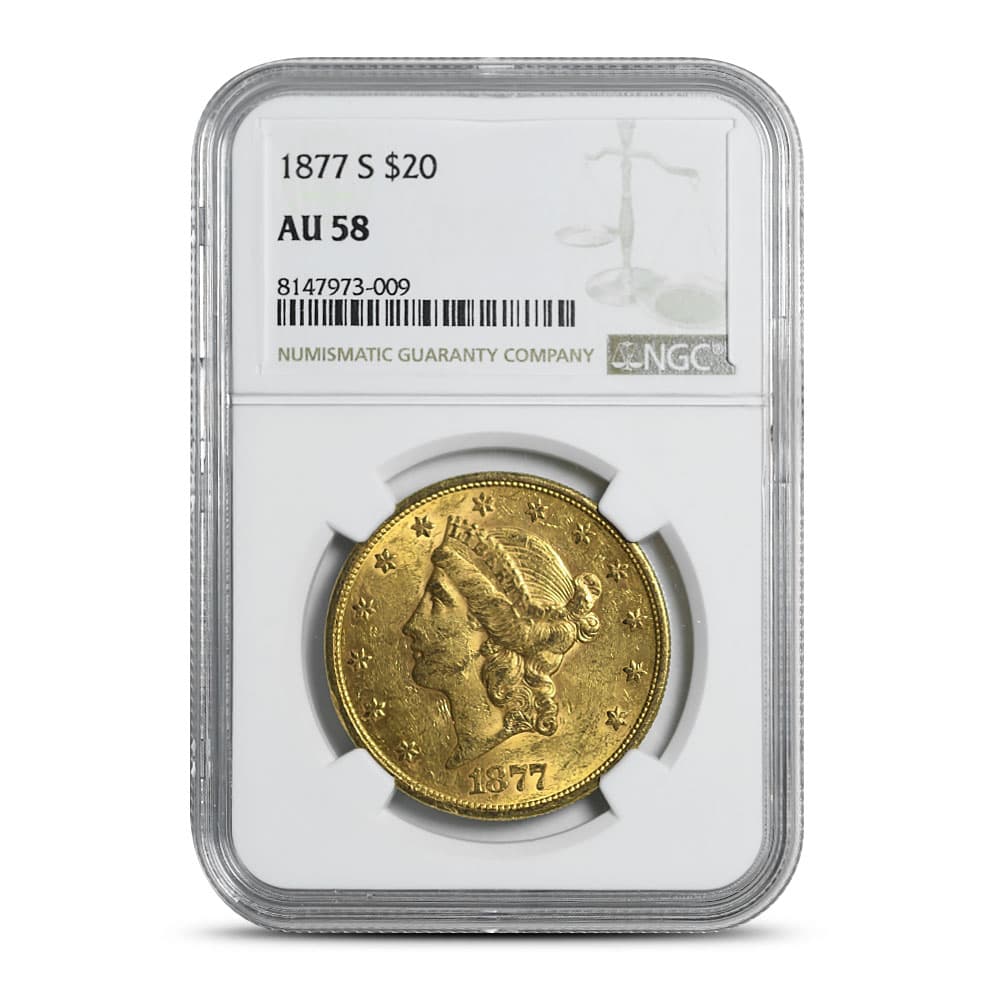 1877-S Pre-33 $20 Liberty Gold Double Eagle Coin NGC AU58