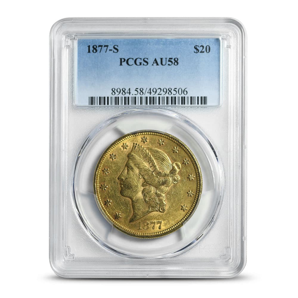 1877-S Pre-33 $20 Liberty Gold Double Eagle Coin PCGS AU58