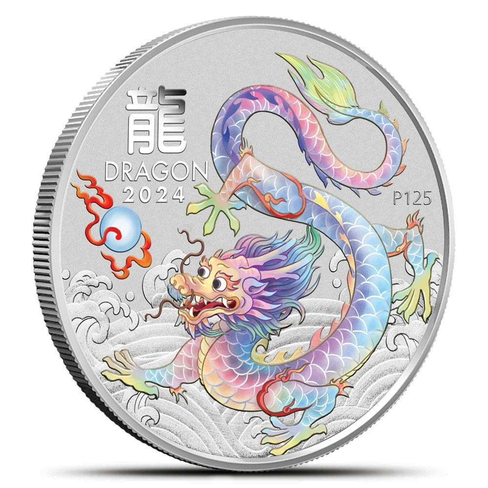 2024 1/2 oz Colorized Australian Silver Lunar White Dragon Coin (BU)