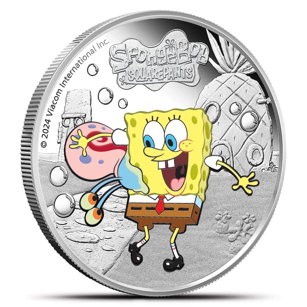 2024 1 oz Colorized Tuvalu Silver Spongebob Squarepants and Gary Coin