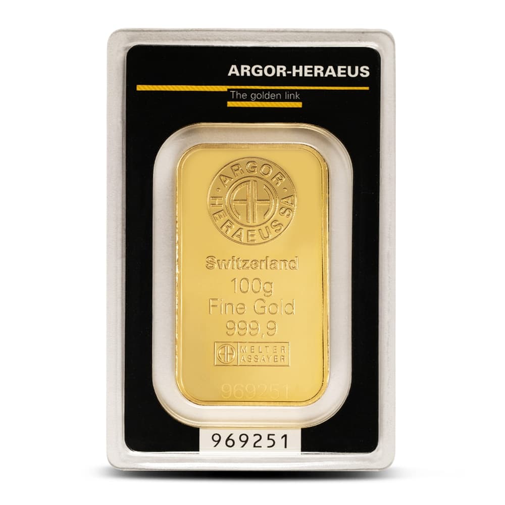 100 Gram Argor Heraeus Gold Bar (New w/Assay)