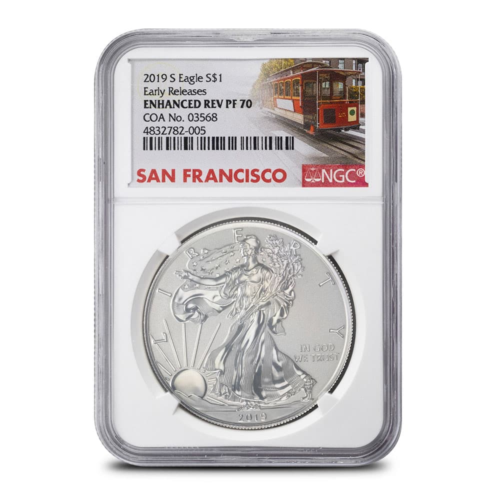 2019-S 1 oz American Silver Eagle Enhanced Reverse Proof Coin NGC PF70 (Varied Label)