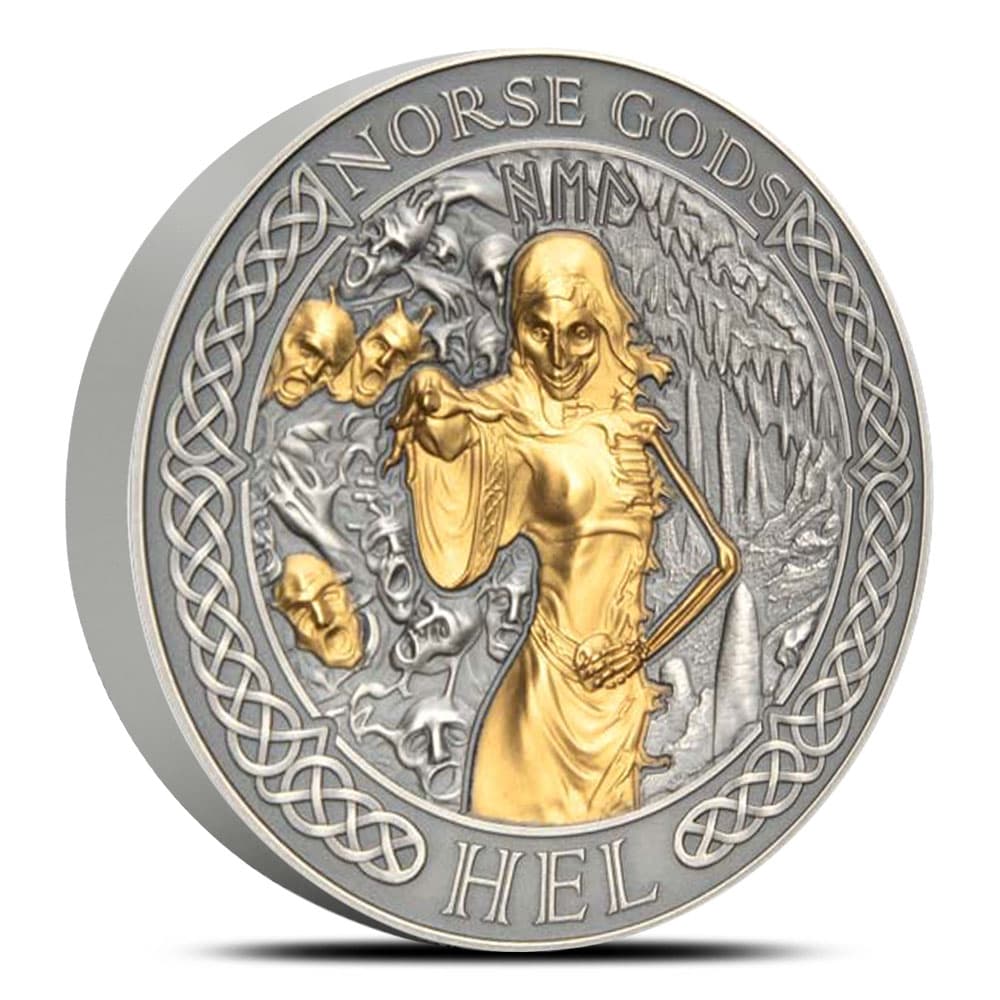 2023 2 oz Cook Islands Silver Norse God Hel Coin (Ultra High Relief, Gold Plated)