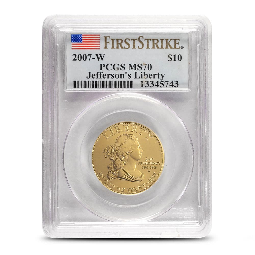 2007 1/2 oz US Mint First Spouse Jefferson’s Liberty Gold Coin PCGS MS70 FS