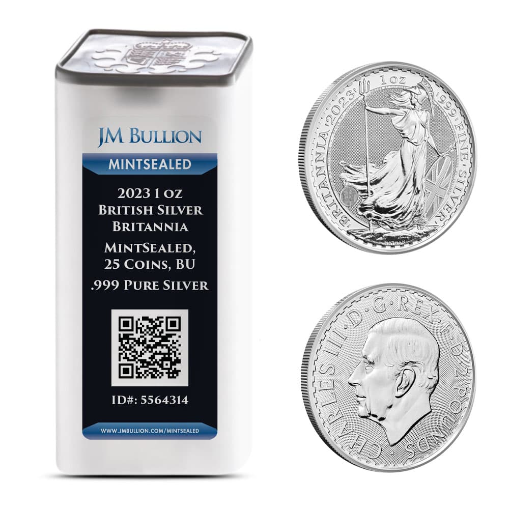 2023 1 oz British Silver Britannia Tube (MintSealed, 25 Coins, BU, King Charles)