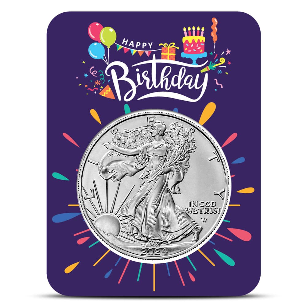 2024 1 oz American Silver Eagle Coin (BU, Purple Happy Birthday Card)