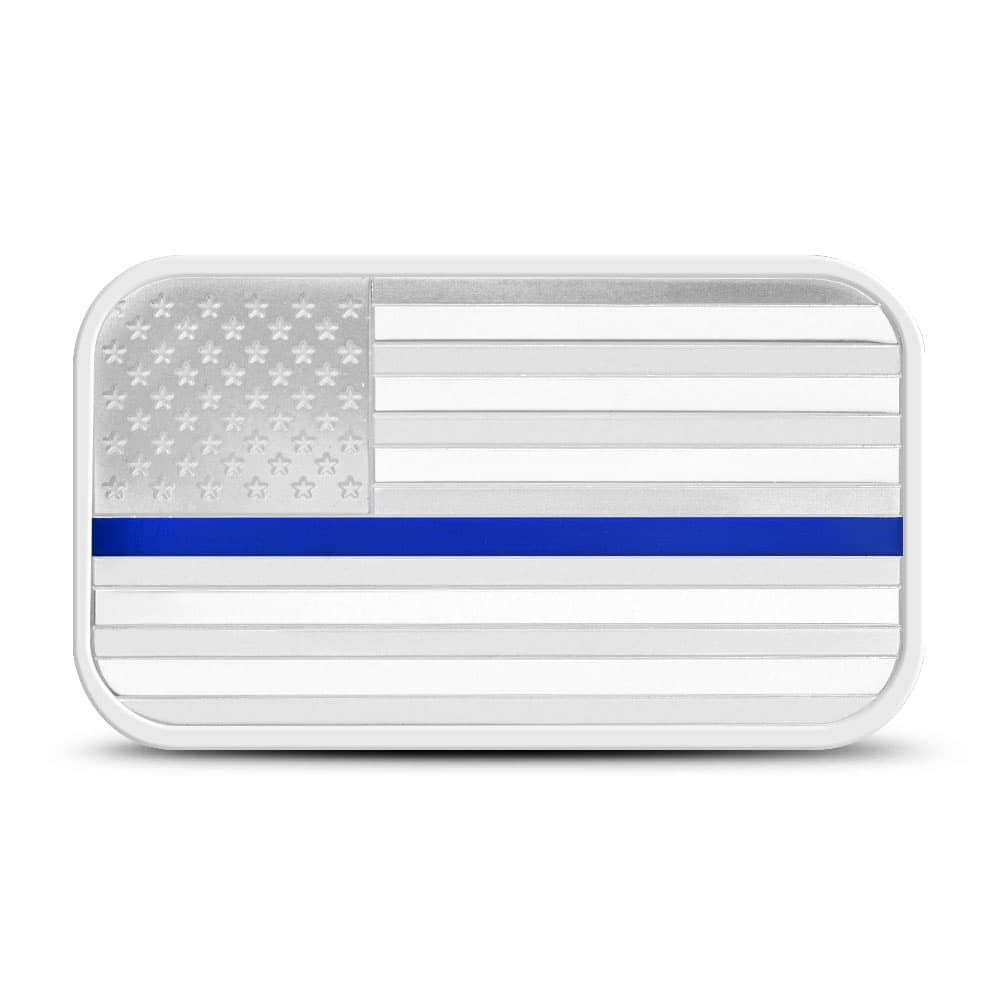 1 oz SilverTowne American Flag Blue Line Police Silver Bar (New, In Capsule)