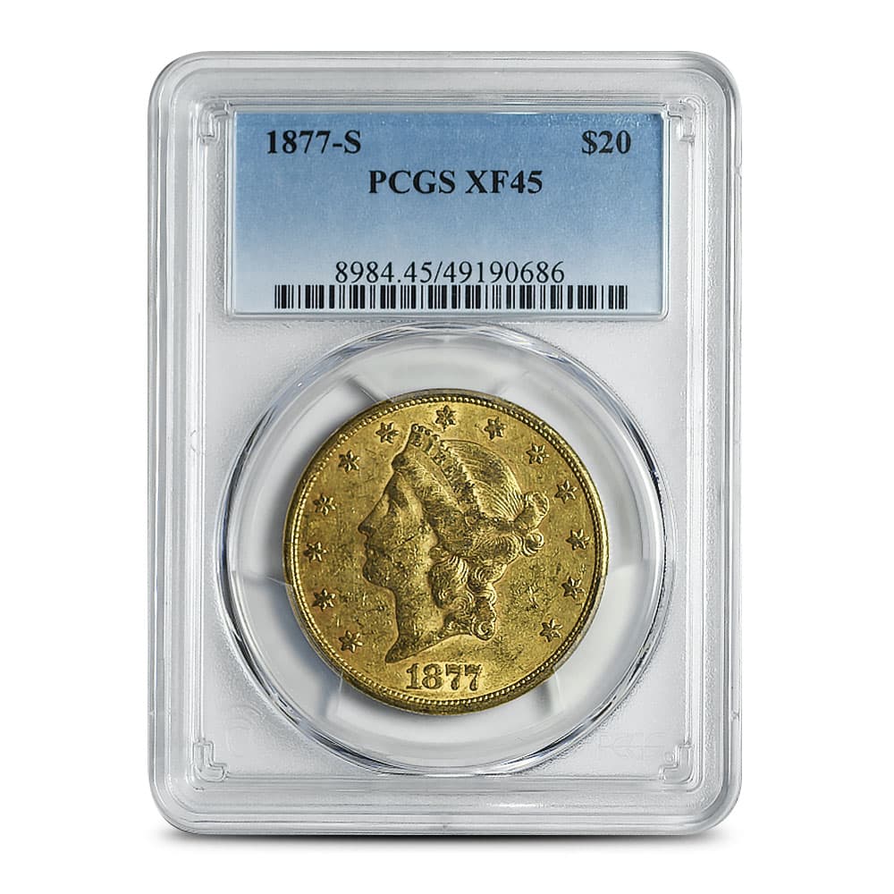 1877-S Pre-33 $20 Liberty Gold Double Eagle Coin PCGS XF45