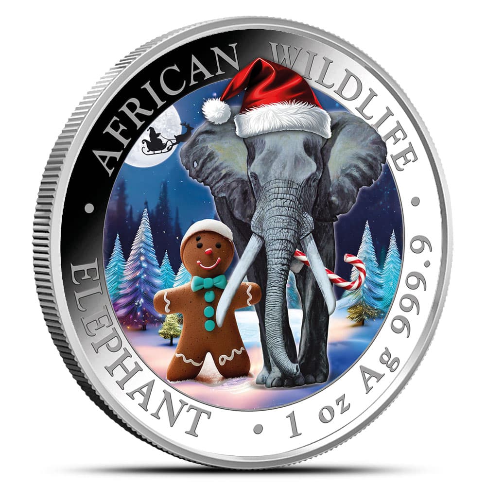 2025 1 oz Colorized Somalia Silver Christmas Elephant Coin (Snowglobe + CoA)