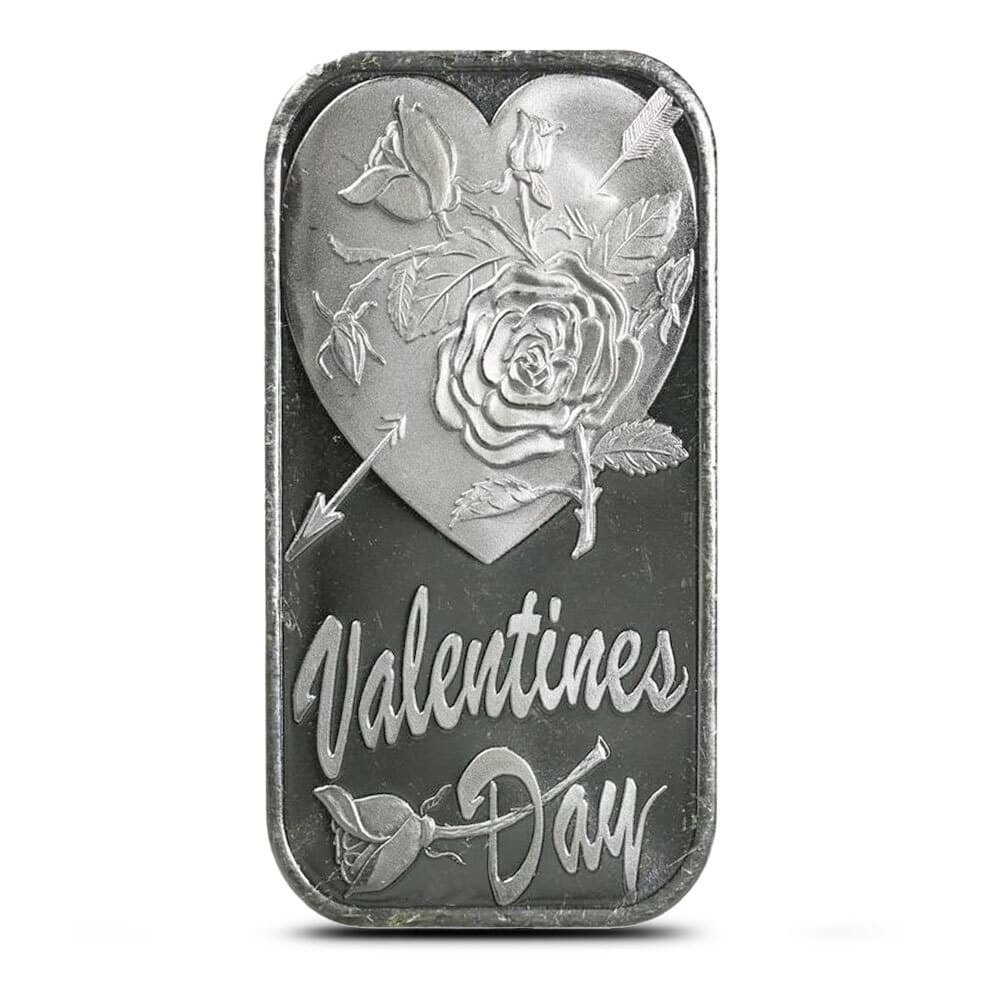 1 oz Engravable Silvertowne Valentine’s Day Heart and Rose Silver Bar (New) 1/17/2025