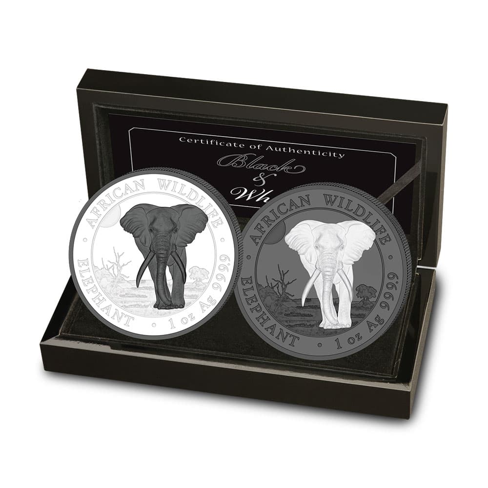 2025 1 oz Somalia Silver Elephant Black and White Two-Coin Set (BU, 500 Mintage, Box + CoA)