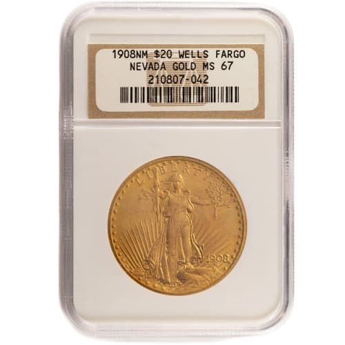 1908 Pre-33 $20 Saint Gaudens Gold Double Eagle Coin NGC MS67 (Wells Fargo Label)