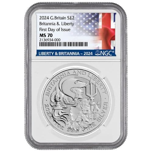 2024 1 oz NGC MS-70 First Day of Issue Silver Britannia and Liberty Coin